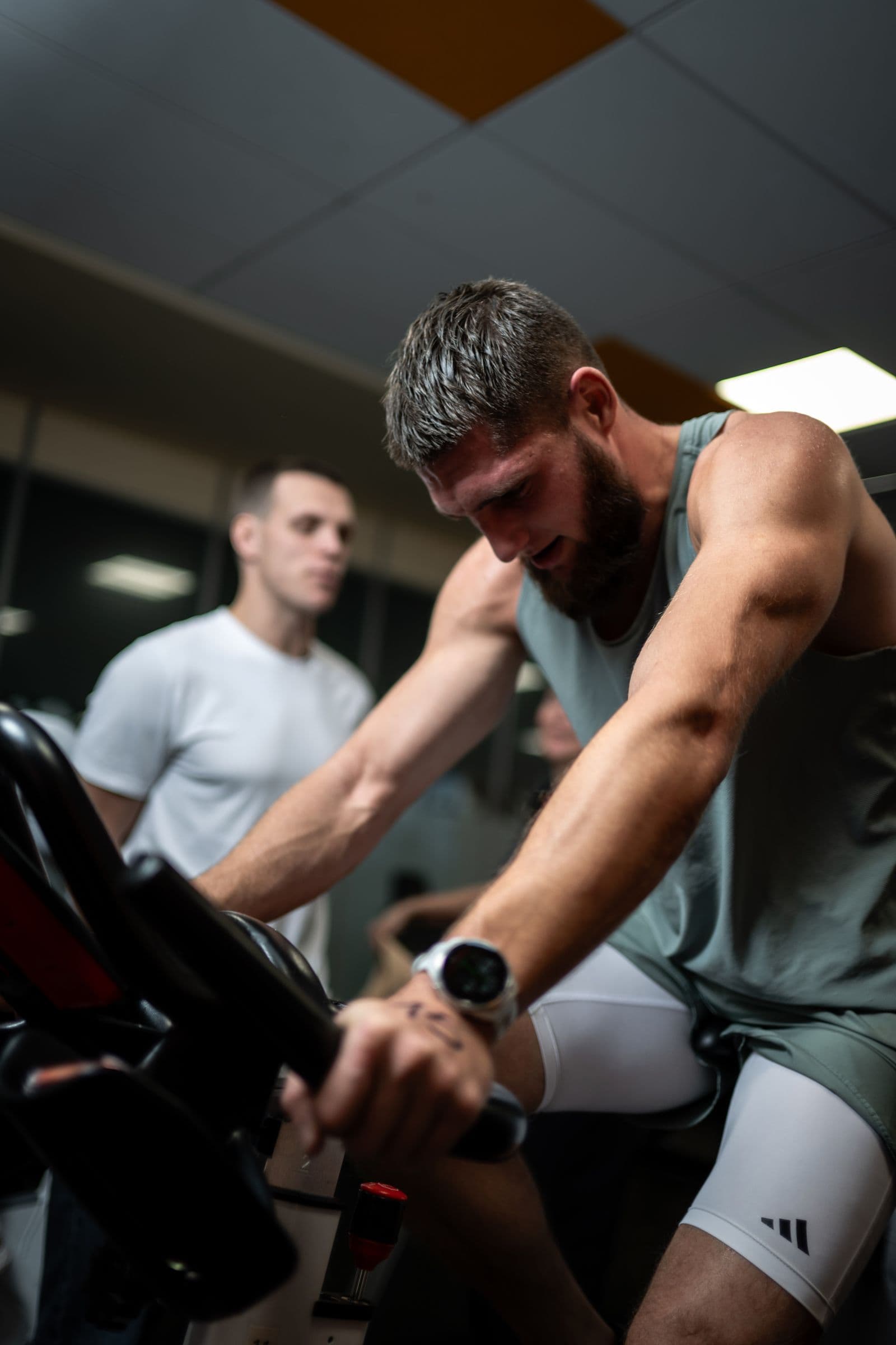 Focused rider on a premium indoor bike from our exercise bike shop