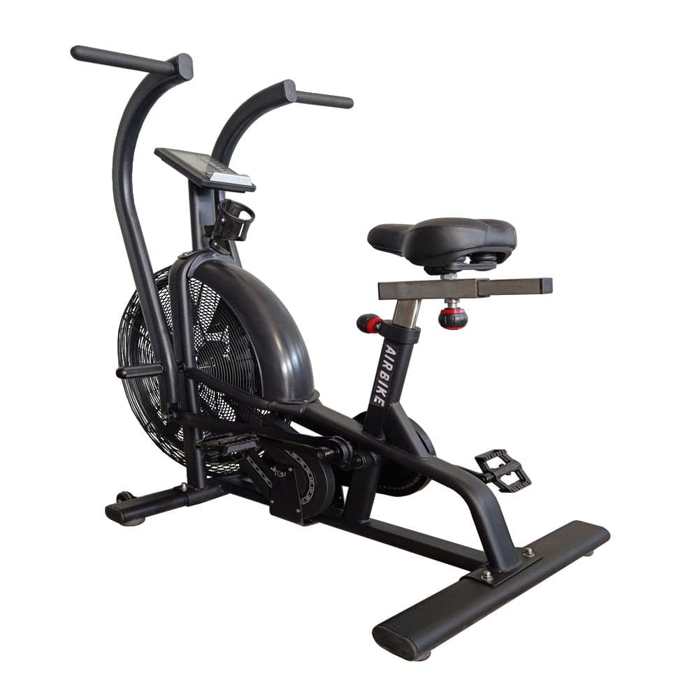 AirStorm A1 air bike on a white background, fan wheel and moving handlebars