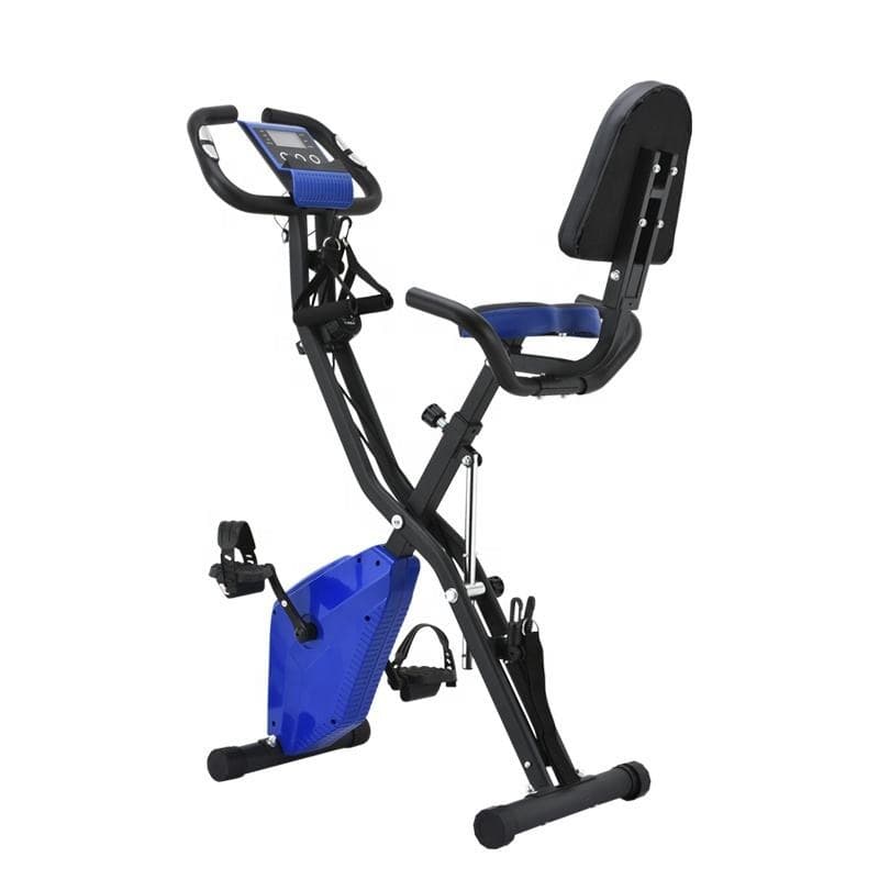 FoldFit X1 folding exercise bike in blue and black, upright and ready to ride