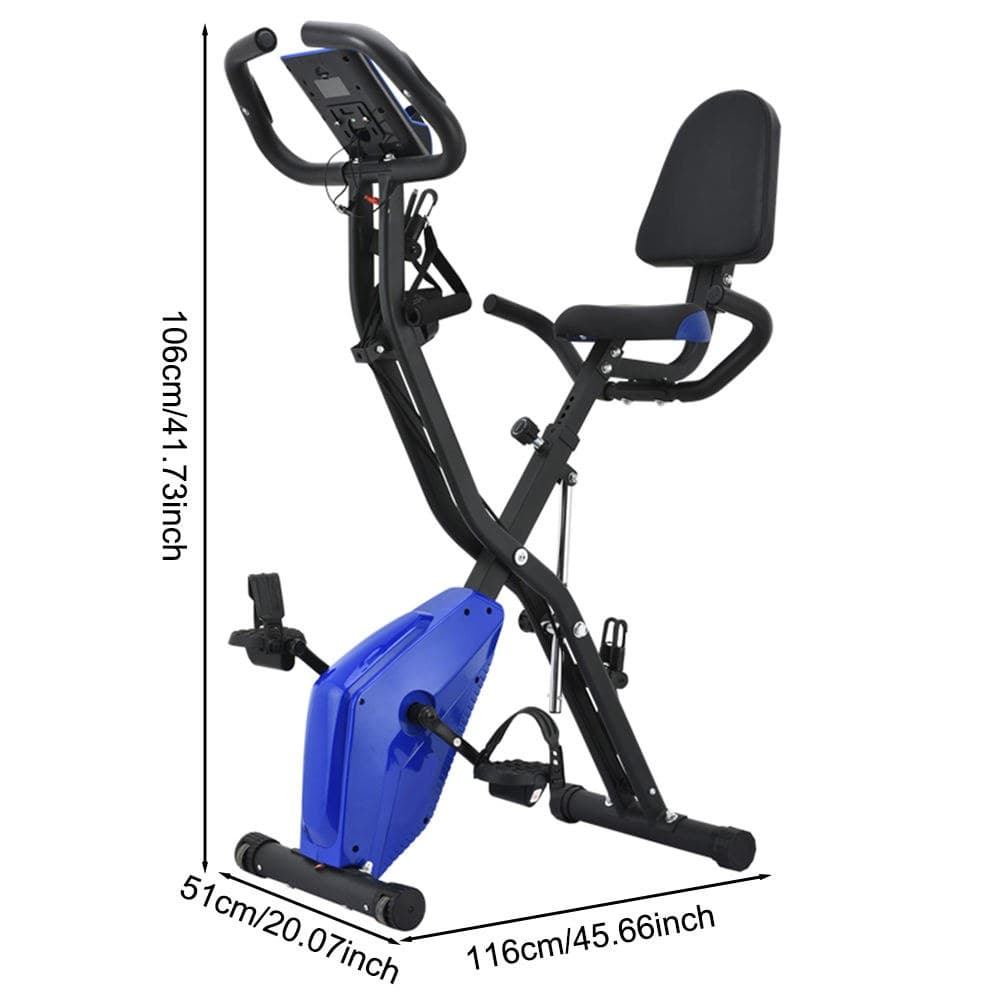 FoldFit X1 folding exercise bike with dimensions, 106 cm high, 116 cm long and 51 cm wide