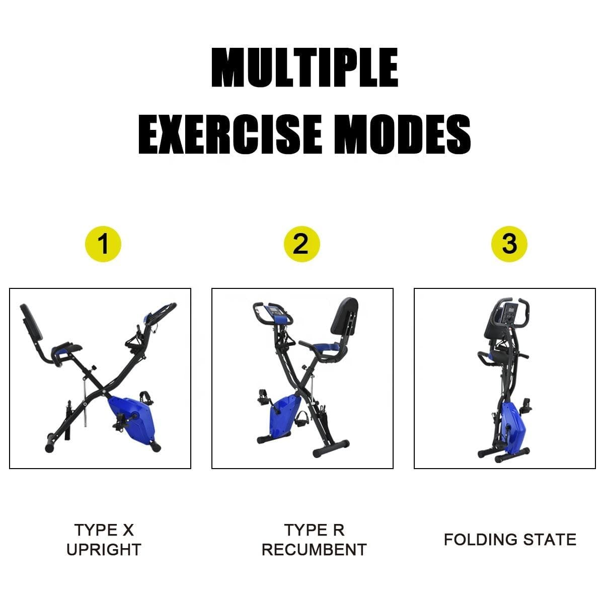 FoldFit X1 folding exercise bike shown in upright, recumbent and folded modes