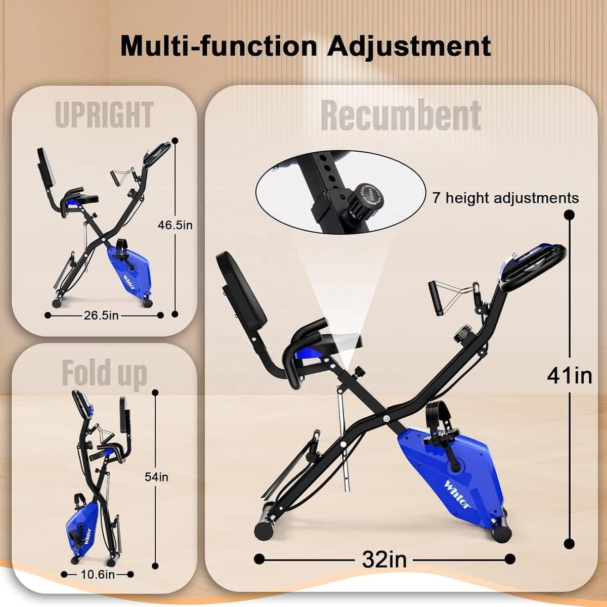 FoldFit X1 folding exercise bike with 7 seat height adjustments and upright, recumbent and fold-up positions