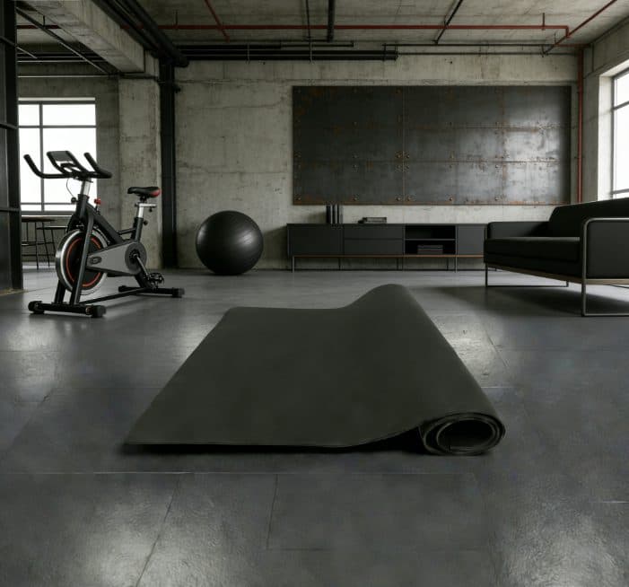 Exercise bike accessories: a floor mat rolled out beneath a spin bike
