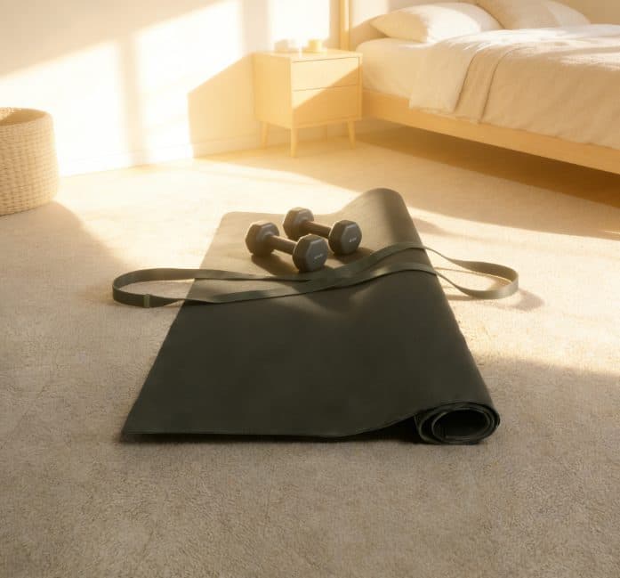 Exercise bike mat laid on carpet, where a lighter bike often does not need one