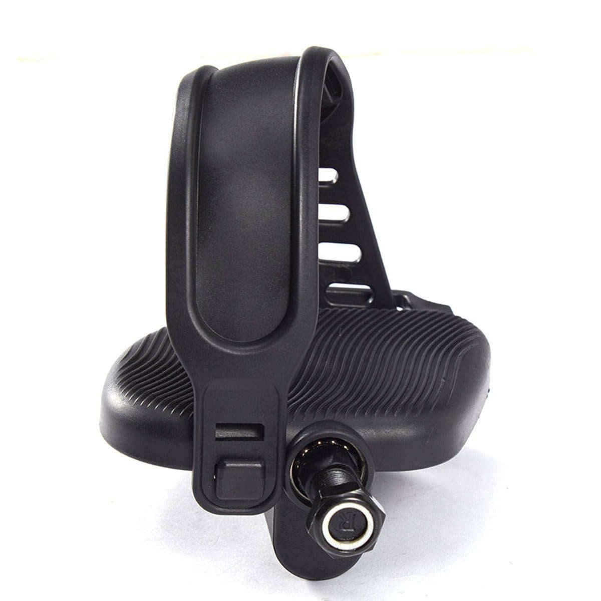 Exercise bike pedal spindle and ball bearing close up, where the thread size is checked