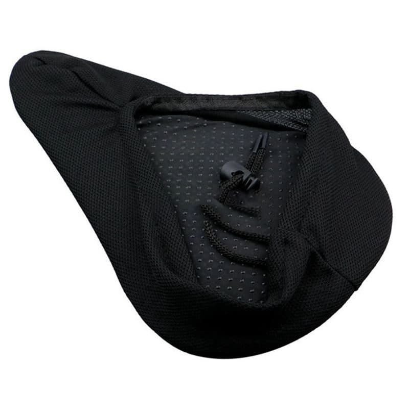 Underside of the gel exercise bike seat cover showing the anti-slip surface and drawstring